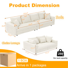 102.4 "Plush Corduroy 4-Seat Sofa,Modern Comfy Upholstered Sofa Cloud Couch,Deep Seat Couches with Soft Pillows and Movable Ottoman,Convertible Sofa Lounge Chair,for Living Room,Apartment,Office,Beige