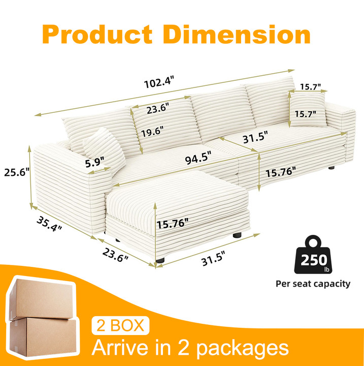 102.4 "Plush Corduroy 4-Seat Sofa,Modern Comfy Upholstered Sofa Cloud Couch,Deep Seat Couches with Soft Pillows and Movable Ottoman,Convertible Sofa Lounge Chair,for Living Room,Apartment,Office,Beige