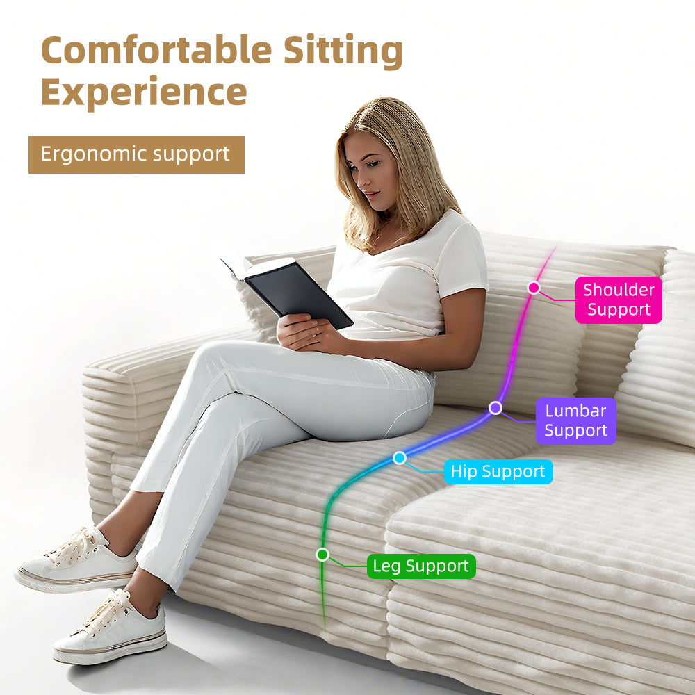 102.4 "Plush Corduroy 4-Seat Sofa,Modern Comfy Upholstered Sofa Cloud Couch,Deep Seat Couches with Soft Pillows and Movable Ottoman,Convertible Sofa Lounge Chair,for Living Room,Apartment,Office,Beige