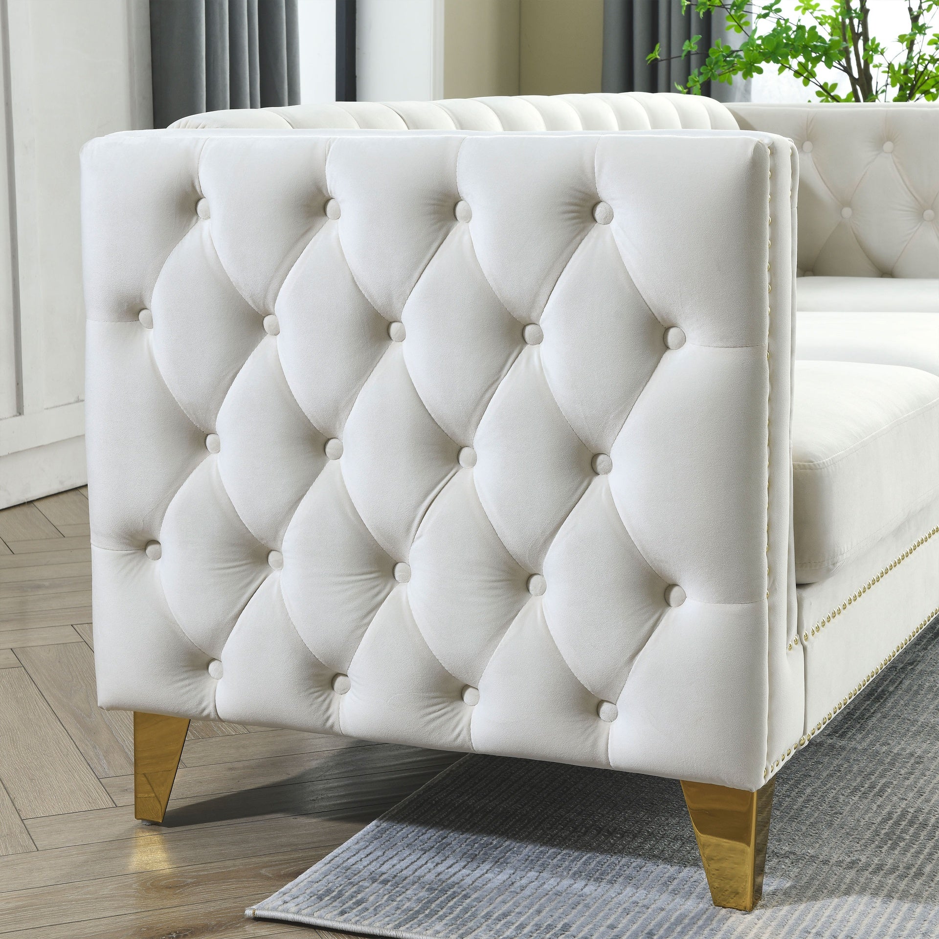 Velvet Sofa for Living Room,Buttons Tufted Square Arm Couch, Modern Couch Upholstered Button and Metal Legs, Sofa Couch for Bedroom, Beige Velvet-2S(W834S00052)