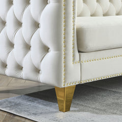 Velvet Sofa for Living Room,Buttons Tufted Square Arm Couch, Modern Couch Upholstered Button and Metal Legs, Sofa Couch for Bedroom, Beige Velvet-2S(W834S00052)