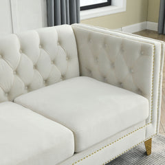 Velvet Sofa for Living Room,Buttons Tufted Square Arm Couch, Modern Couch Upholstered Button and Metal Legs, Sofa Couch for Bedroom, Beige Velvet-2S(W834S00052)