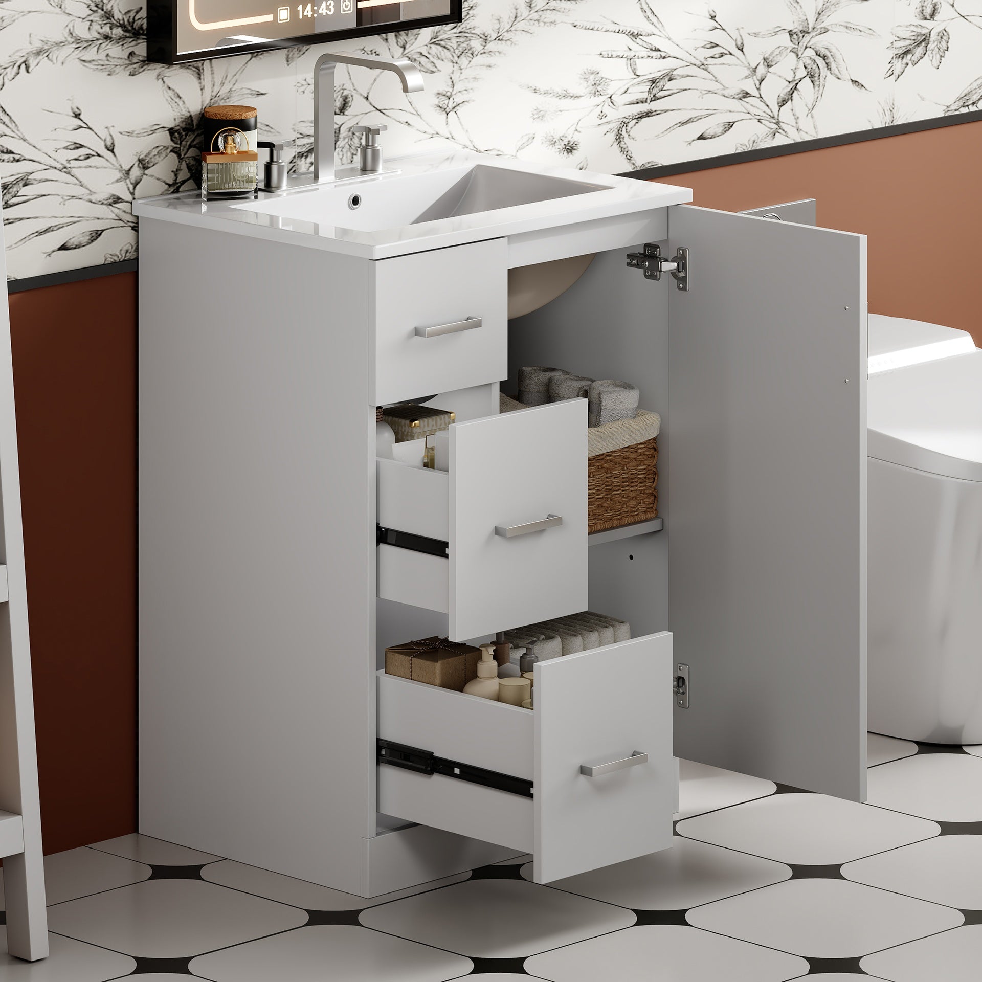 24" Modern Bathroom Vanity with Sink, Small Bathroom Sink Cabinet with 2 Drawers and Soft-Closing Door, Under-mount Sink Bathroom Cabinet with Drawers