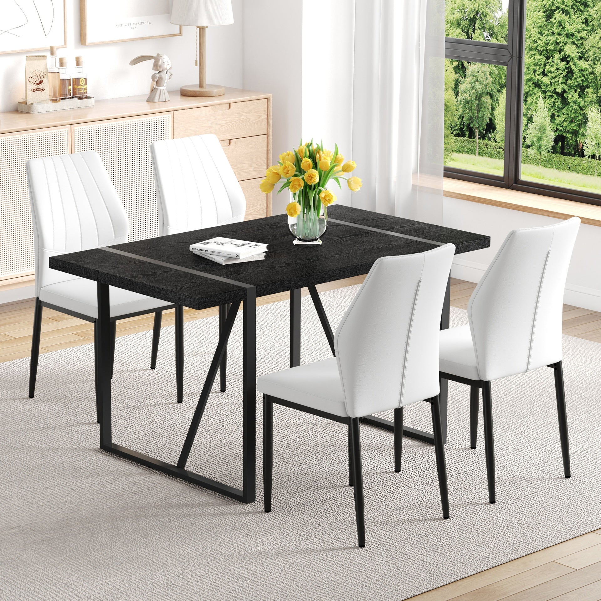 Black Faux Wood Grain MDF Dining Table Set.A minimalist retro rectangular dining table with a black textured top.Paired with 4 Black - and - White PU Dining Chairs with Shell - pattern.