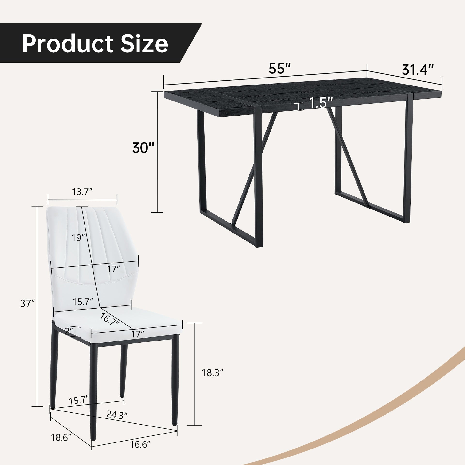 Black Faux Wood Grain MDF Dining Table Set.A minimalist retro rectangular dining table with a black textured top.Paired with 4 Black - and - White PU Dining Chairs with Shell - pattern.