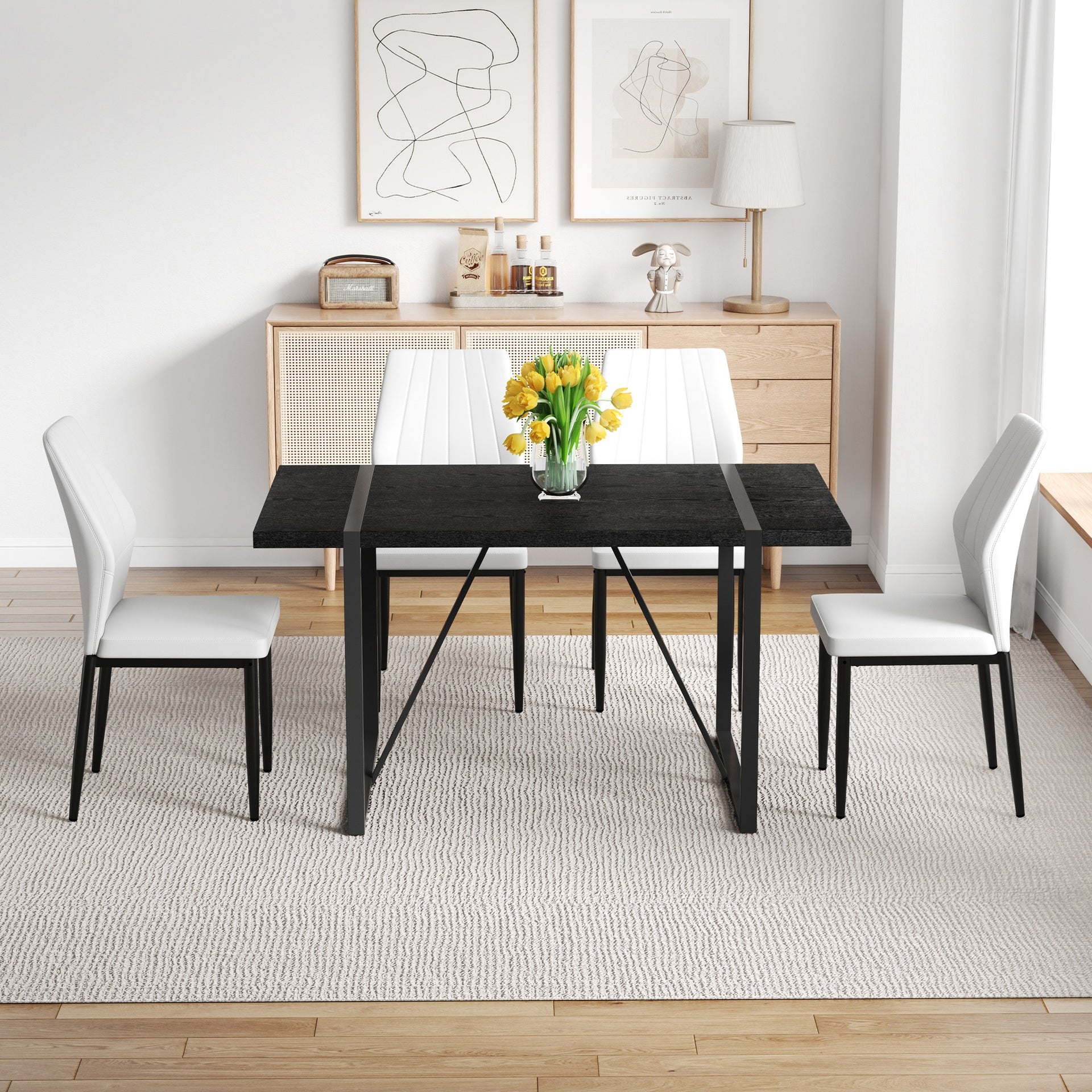 Black Faux Wood Grain MDF Dining Table Set.A minimalist retro rectangular dining table with a black textured top.Paired with 4 Black - and - White PU Dining Chairs with Shell - pattern.