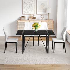 Black Faux Wood Grain MDF Dining Table Set.A minimalist retro rectangular dining table with a black textured top.Paired with 4 Black - and - White PU Dining Chairs with Shell - pattern.