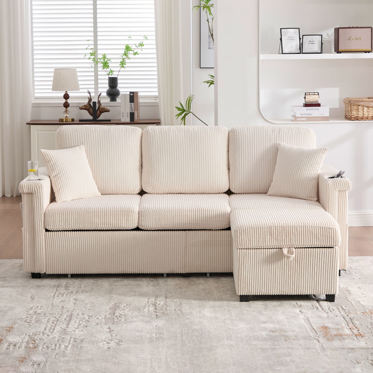 UNITED WE WIN L-Shaped Sectional Sofa with Pull-Out Storage,Ottoman & Pillows 3-Seat with USB Charging,Cup Holder, Convertible Design for Living Room, Apartment, Corduroy Fabric