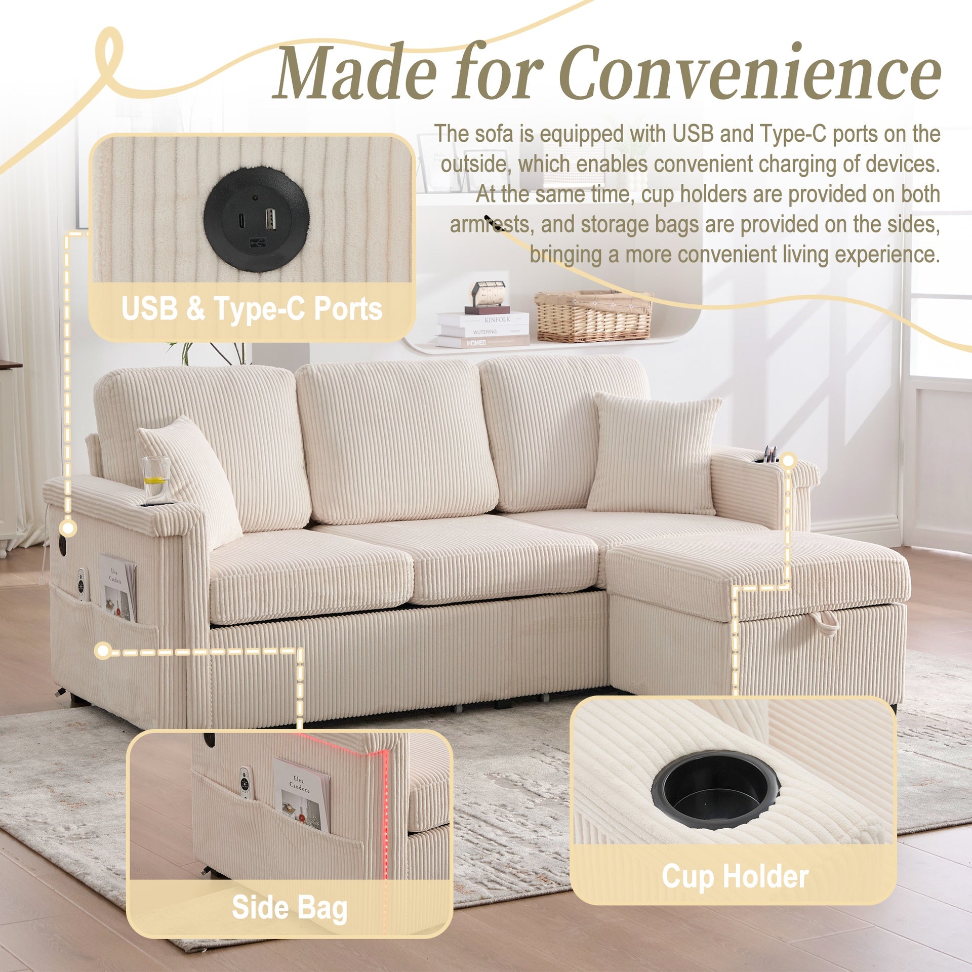 UNITED WE WIN L-Shaped Sectional Sofa with Pull-Out Storage,Ottoman & Pillows 3-Seat with USB Charging,Cup Holder, Convertible Design for Living Room, Apartment, Corduroy Fabric