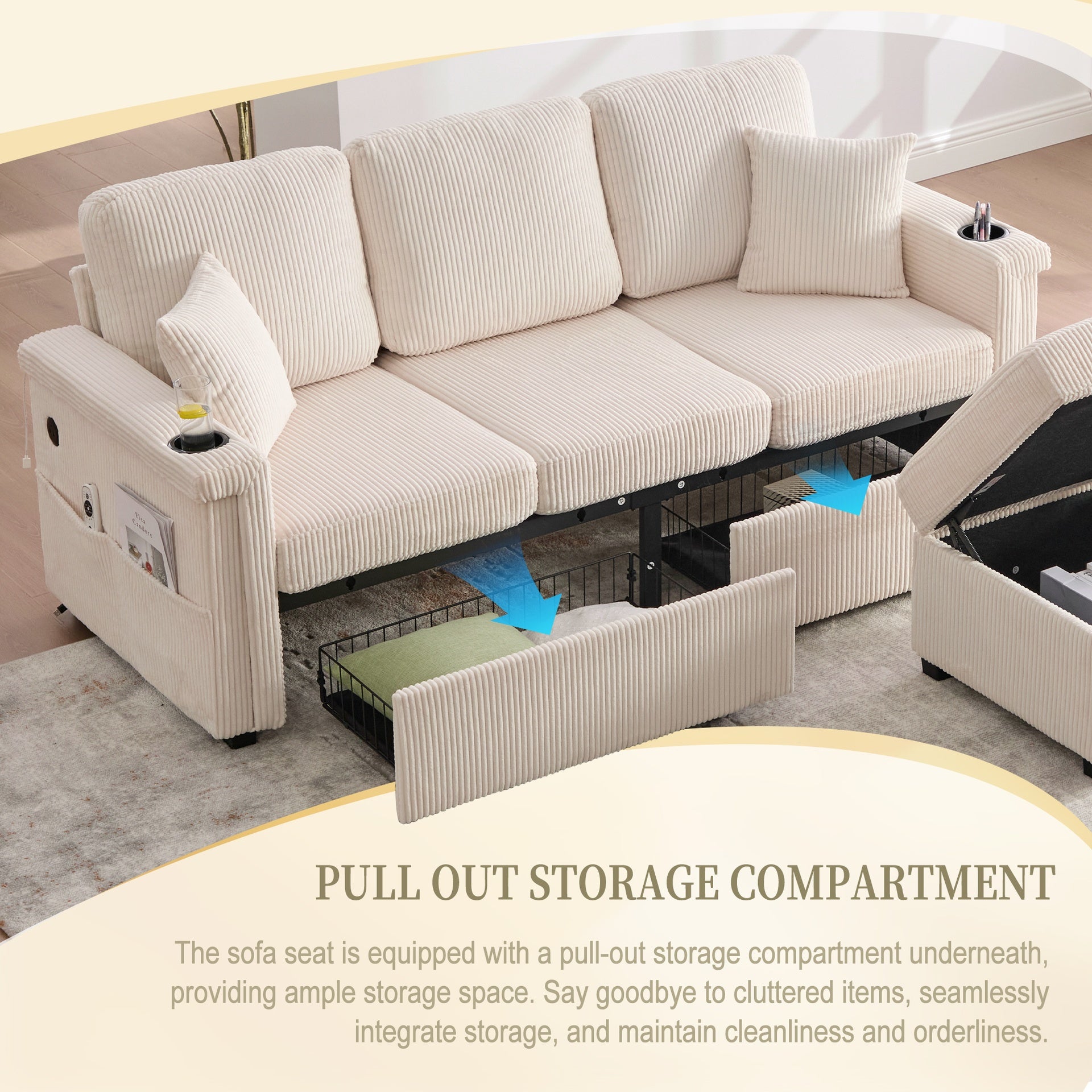 UNITED WE WIN L-Shaped Sectional Sofa with Pull-Out Storage,Ottoman & Pillows 3-Seat with USB Charging,Cup Holder, Convertible Design for Living Room, Apartment, Corduroy Fabric