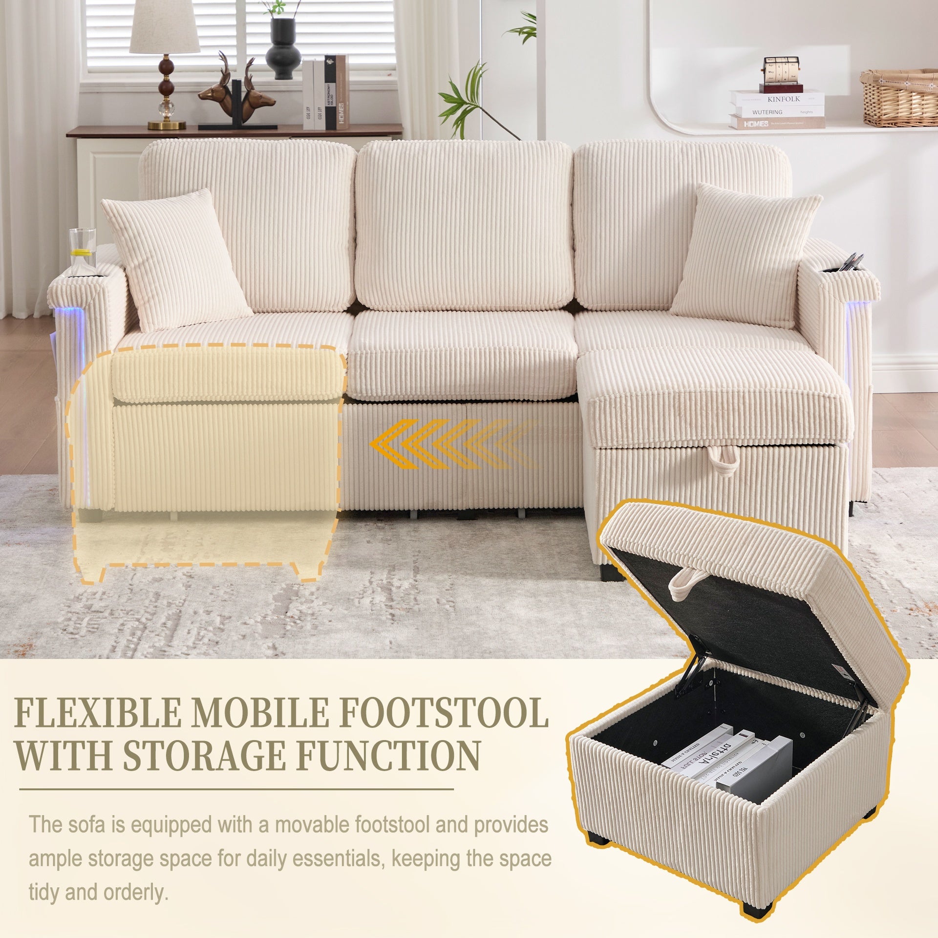 UNITED WE WIN L-Shaped Sectional Sofa with Pull-Out Storage,Ottoman & Pillows 3-Seat with USB Charging,Cup Holder, Convertible Design for Living Room, Apartment, Corduroy Fabric