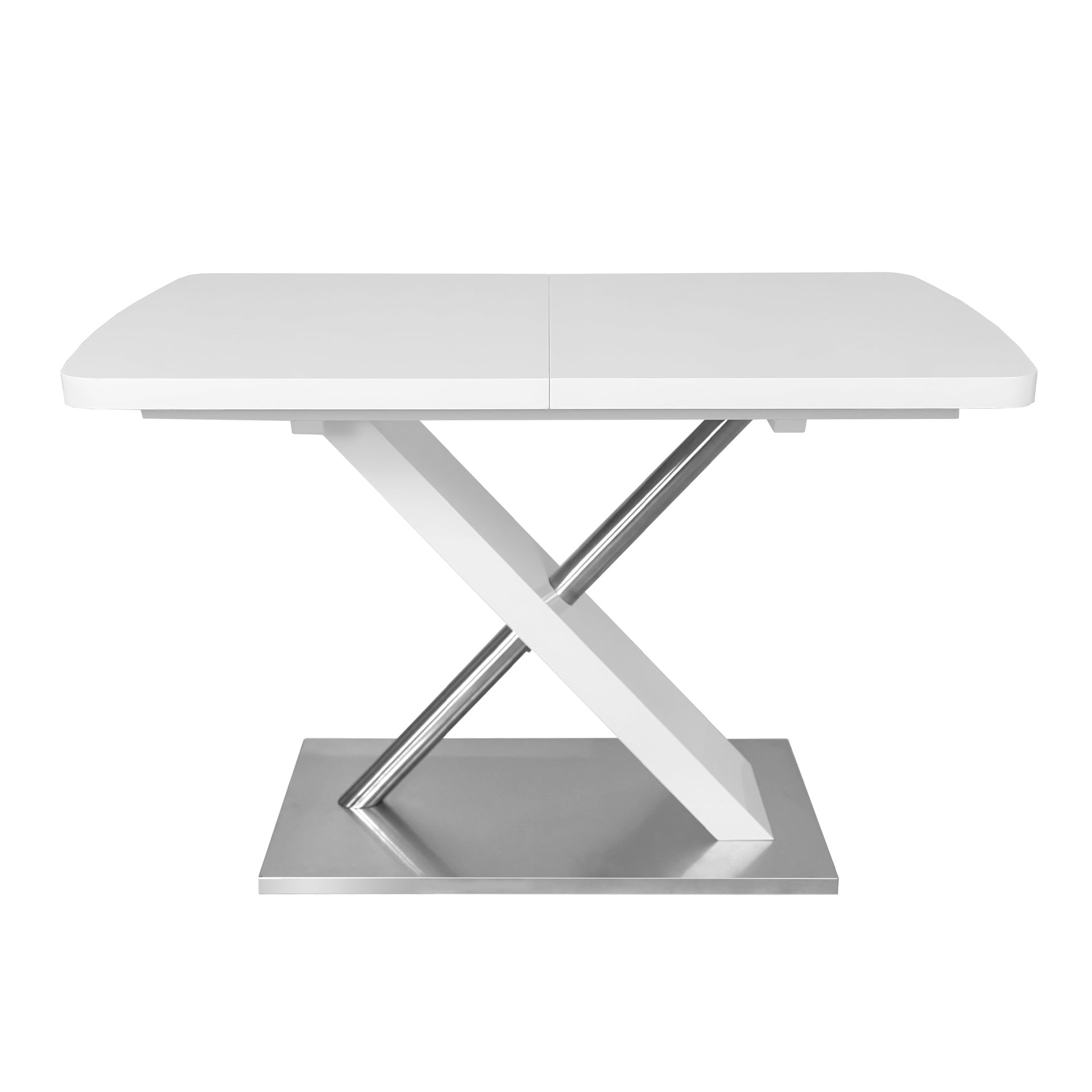 47.25''-63'' Modern White Glossy Dining Table for 4-6 People, Extendable Dining Table with Crossed Metal Base and Stainless Steel Tubes, Large Dining Table  White(Same SKU:W757P160404)