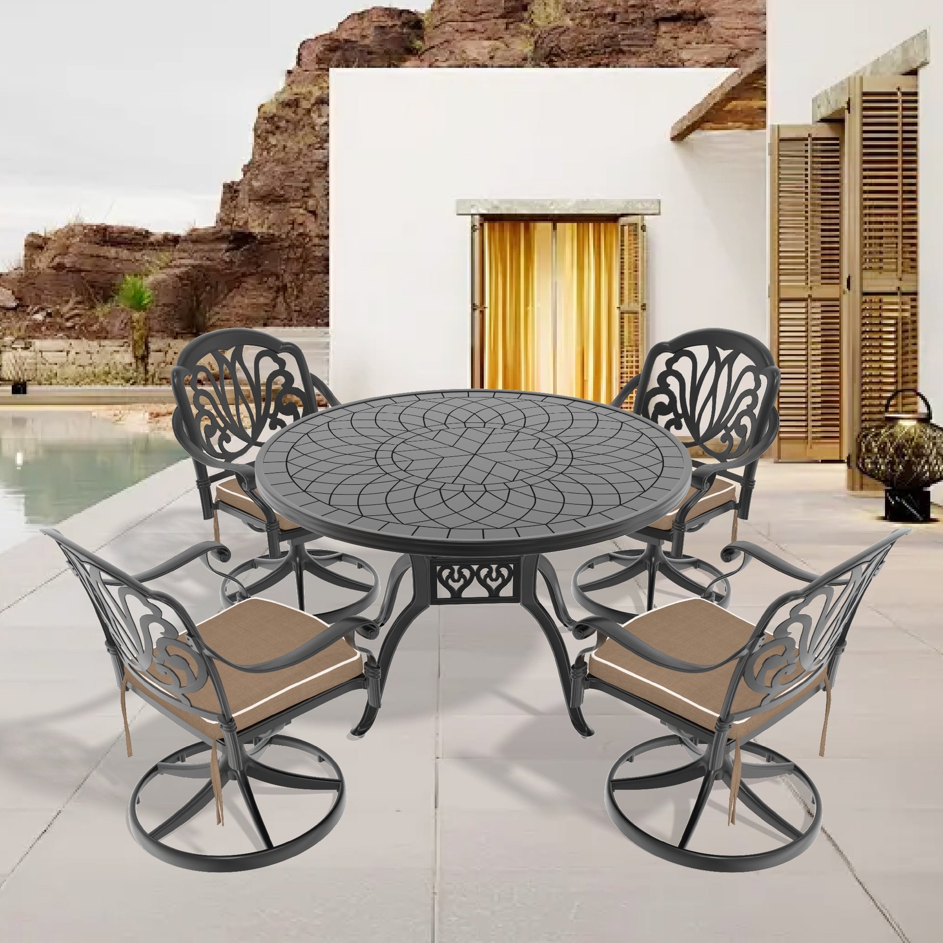 5-Piece All-Weather Cast Aluminum Dining Set, Include 4 Swivel Chairs and 47.24" Round Table With Black Frame (same sku:W1710S00443)