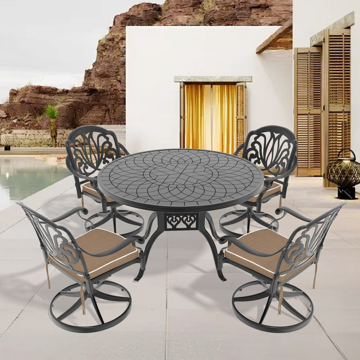 5-Piece All-Weather Cast Aluminum Dining Set, Include 4 Swivel Chairs and 47.24" Round Table With Black Frame (same sku:W1710S00443)