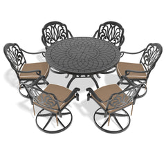 7-Piece All-Weather Cast Aluminum Dining Set, Include 6 Swivel Chairs and 47.24" Round Table With Black Frame (same sku:W1710S00445)
