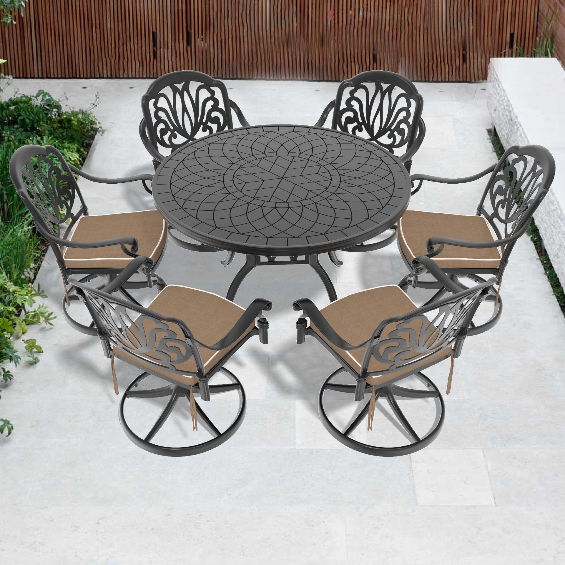 7-Piece All-Weather Cast Aluminum Dining Set, Include 6 Swivel Chairs and 47.24" Round Table With Black Frame (same sku:W1710S00445)