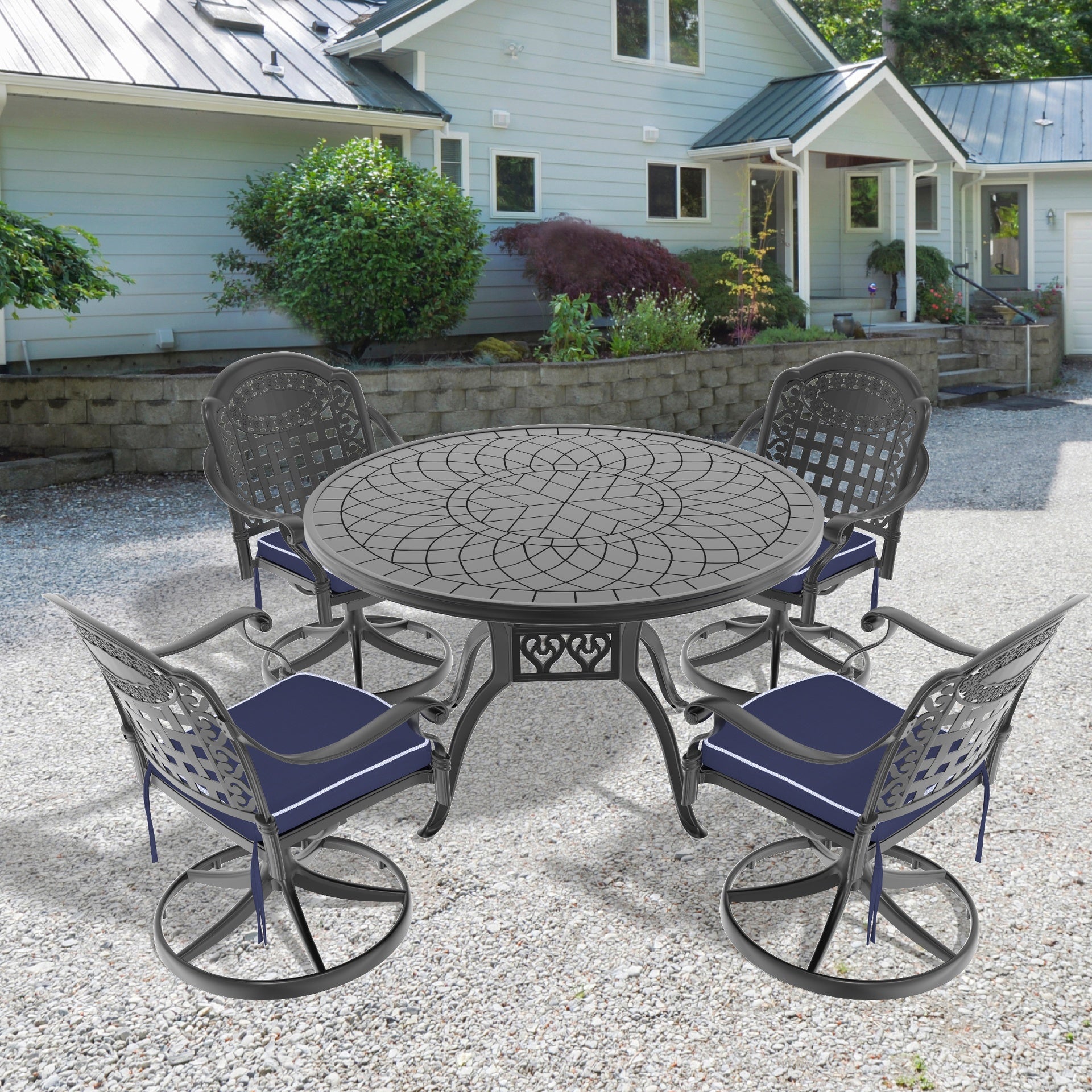 5-Piece All-Weather Cast Aluminum Dining Set, Include 4 Swivel Chairs and 47.24" Round Table With Black Frame(same sku:W1710S00444)