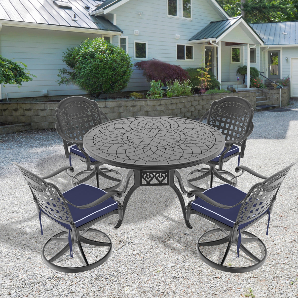 5-Piece All-Weather Cast Aluminum Dining Set, Include 4 Swivel Chairs and 47.24" Round Table With Black Frame(same sku:W1710S00444)