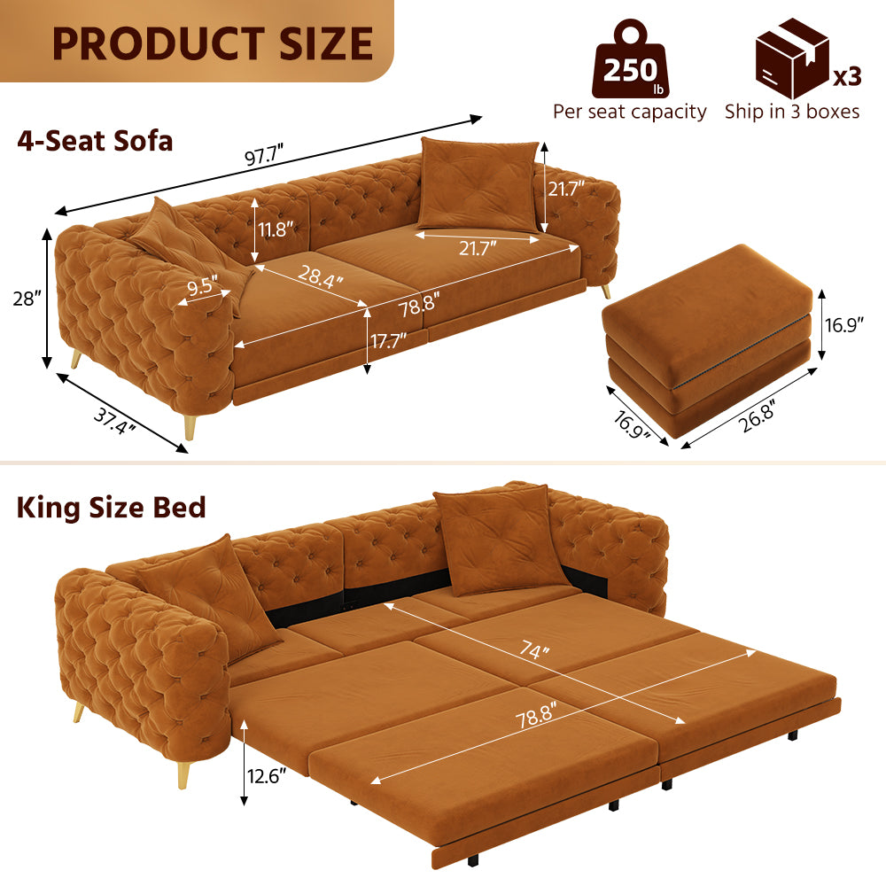 97.7" 3-in-1 Convertible Sleeper Sofa,28.4" Deep Seat Pull Out Sofa Bed,Button Tufted Modern Sofa,4-Seater Couch with Movable Ottoman  for Apartment,Office, Bedroom,Orange(Old SKU:W1885S00202)