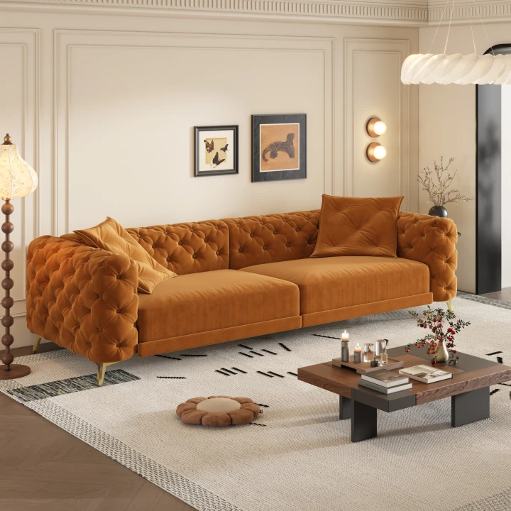 97.7" 3-in-1 Convertible Sleeper Sofa,28.4" Deep Seat Pull Out Sofa Bed,Button Tufted Modern Sofa,4-Seater Couch with Movable Ottoman  for Apartment,Office, Bedroom,Orange(Old SKU:W1885S00202)