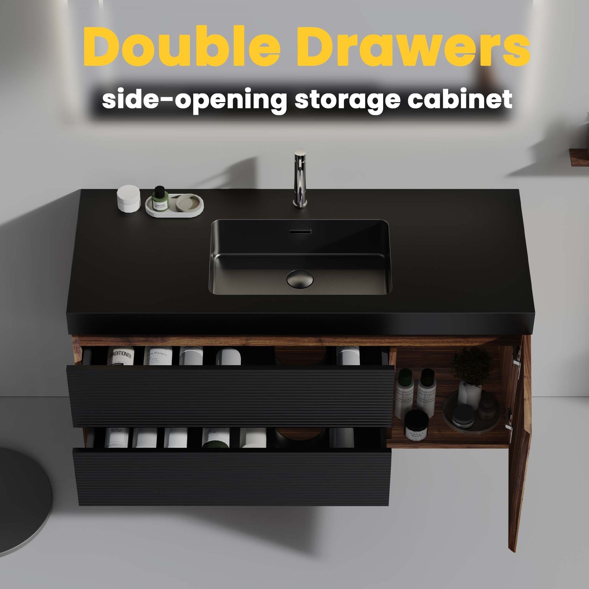 Grace 48" Walnut Bathroom Vanity with Matt Black Engineered Quartz Sink and Soft Black Drawers & A Door, Wall Mounted Floating Bathroom Vanity for Modern Bathroom, Matt Black Basin, Pre-assembled