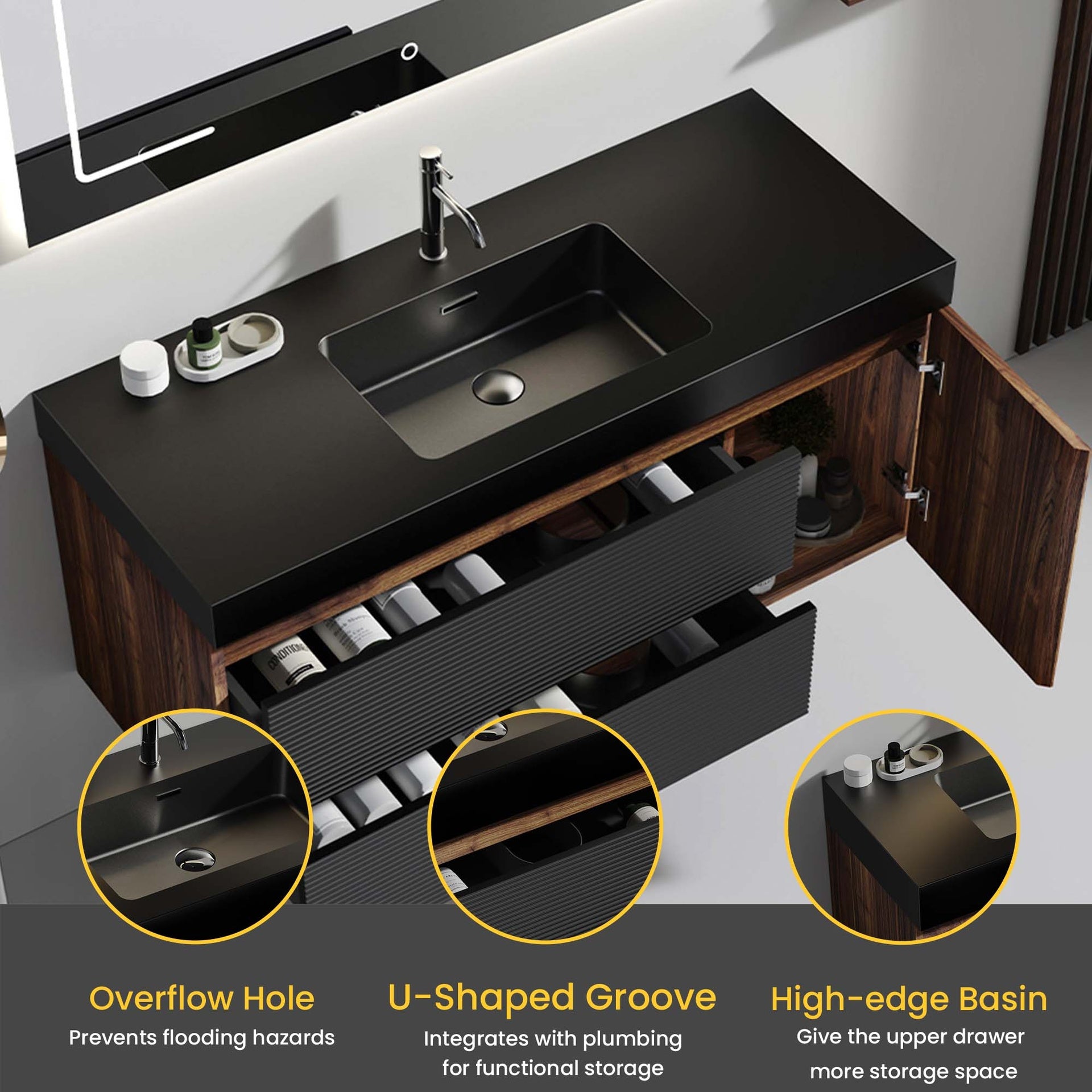 Grace 48" Walnut Bathroom Vanity with Matt Black Engineered Quartz Sink and Soft Black Drawers & A Door, Wall Mounted Floating Bathroom Vanity for Modern Bathroom, Matt Black Basin, Pre-assembled