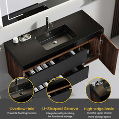Grace 48" Walnut Bathroom Vanity with Matt Black Engineered Quartz Sink and Soft Black Drawers & A Door, Wall Mounted Floating Bathroom Vanity for Modern Bathroom, Matt Black Basin, Pre-assembled
