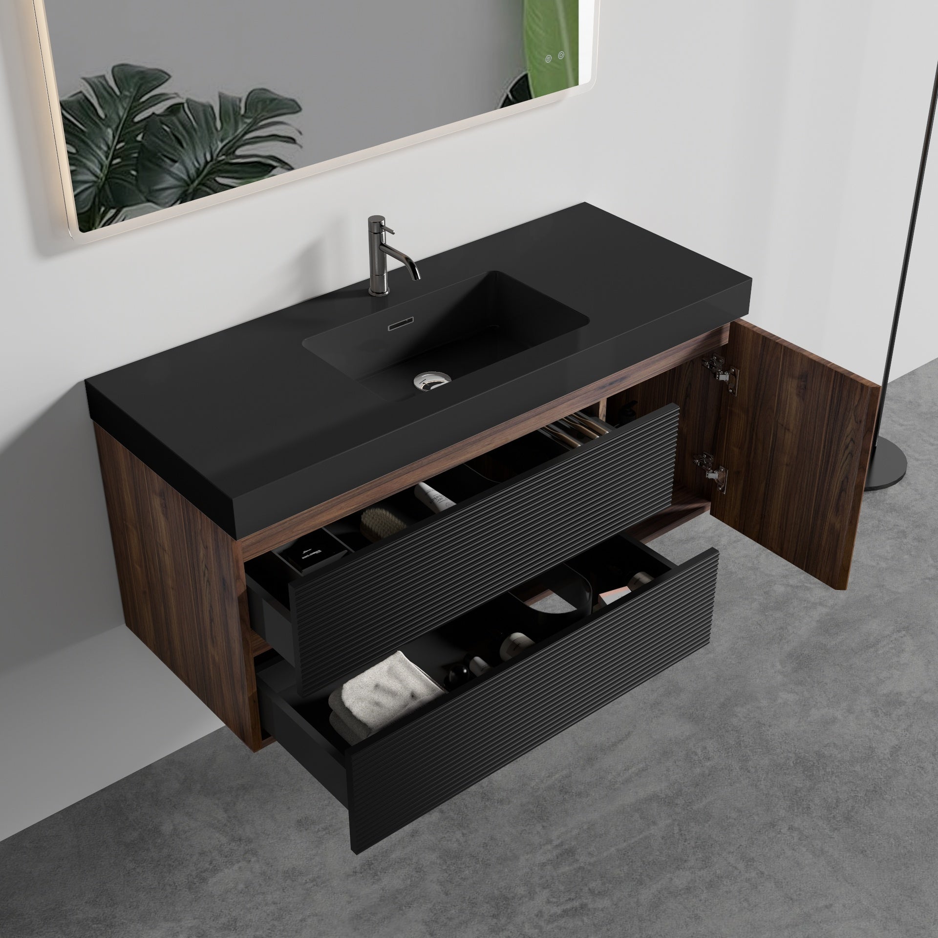 Grace 48" Walnut Bathroom Vanity with Matt Black Engineered Quartz Sink and Soft Black Drawers & A Door, Wall Mounted Floating Bathroom Vanity for Modern Bathroom, Matt Black Basin, Pre-assembled