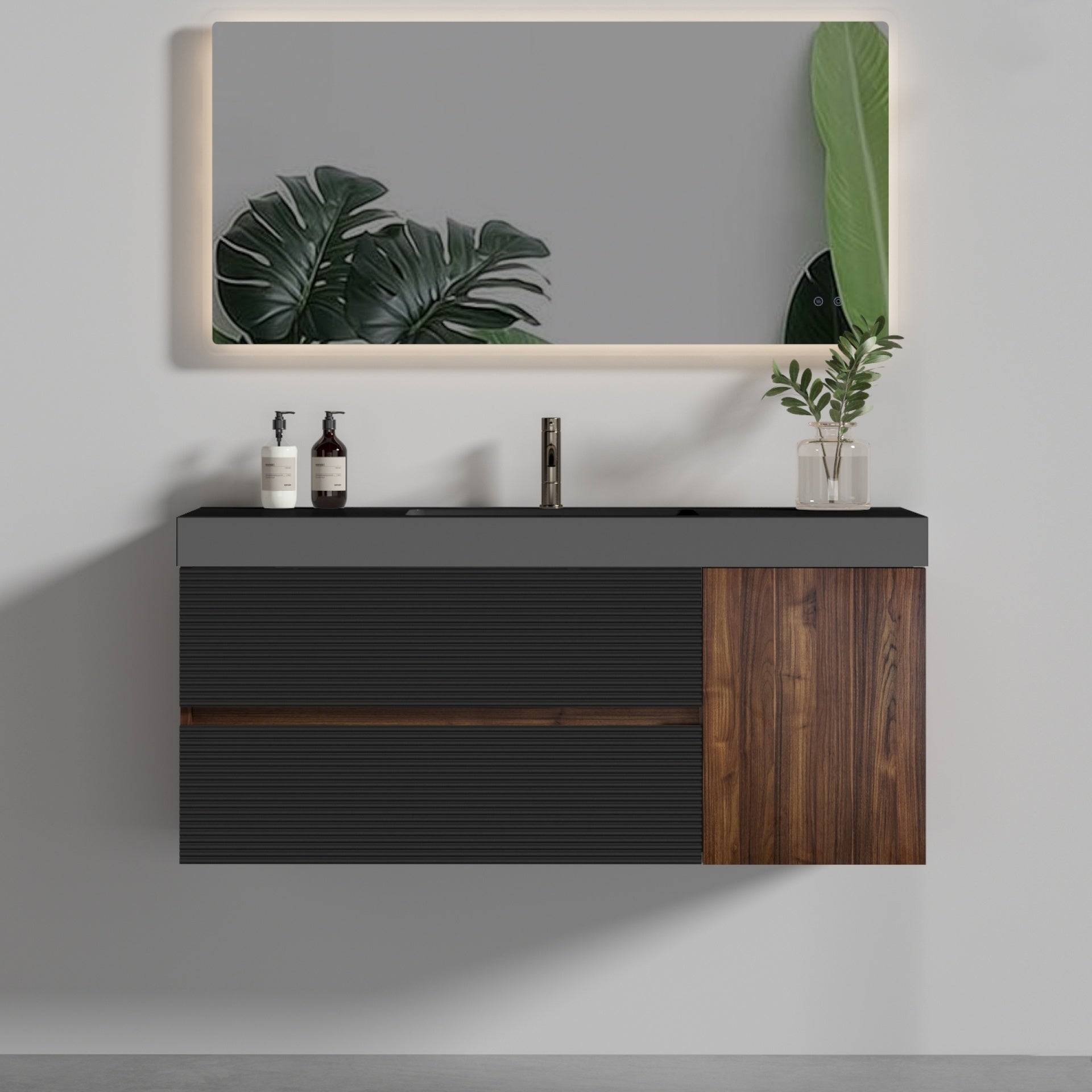 Grace 48" Walnut Bathroom Vanity with Matt Black Engineered Quartz Sink and Soft Black Drawers & A Door, Wall Mounted Floating Bathroom Vanity for Modern Bathroom, Matt Black Basin, Pre-assembled