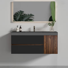 Grace 48" Walnut Bathroom Vanity with Matt Black Engineered Quartz Sink and Soft Black Drawers & A Door, Wall Mounted Floating Bathroom Vanity for Modern Bathroom, Matt Black Basin, Pre-assembled