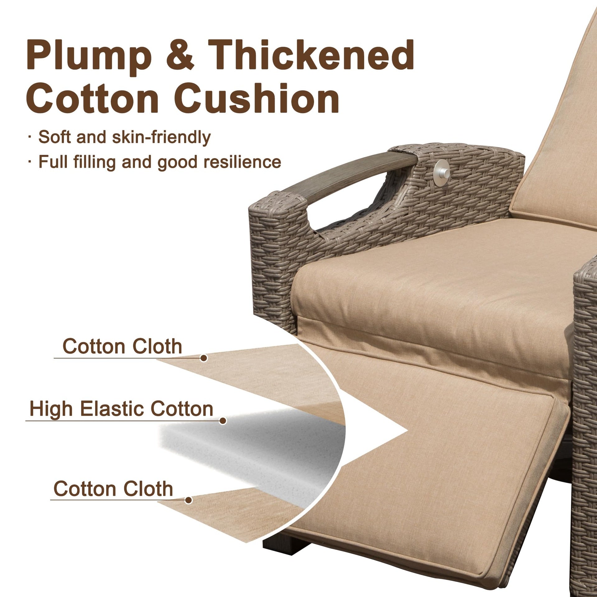 Outdoor Recliner Chair, Patio Recliner with Hand-Woven Wicker, Flip Table Push Back, Adjustable Angle, Thickness Cushions, Reclining Lounge Chair for Indoor and Outdoor, Beige