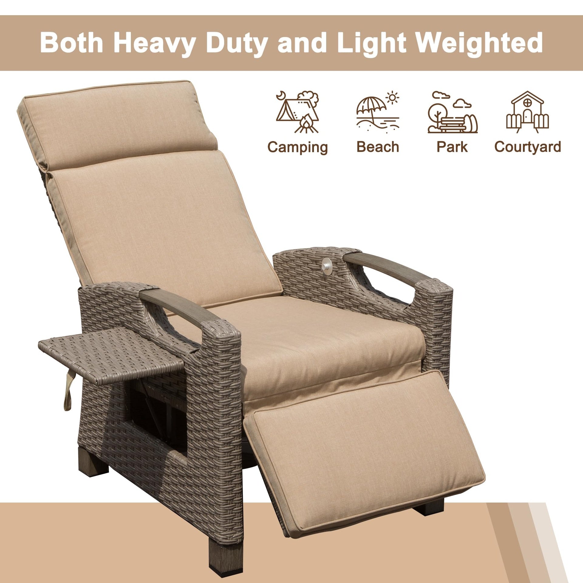Outdoor Recliner Chair, Patio Recliner with Hand-Woven Wicker, Flip Table Push Back, Adjustable Angle, Thickness Cushions, Reclining Lounge Chair for Indoor and Outdoor, Beige