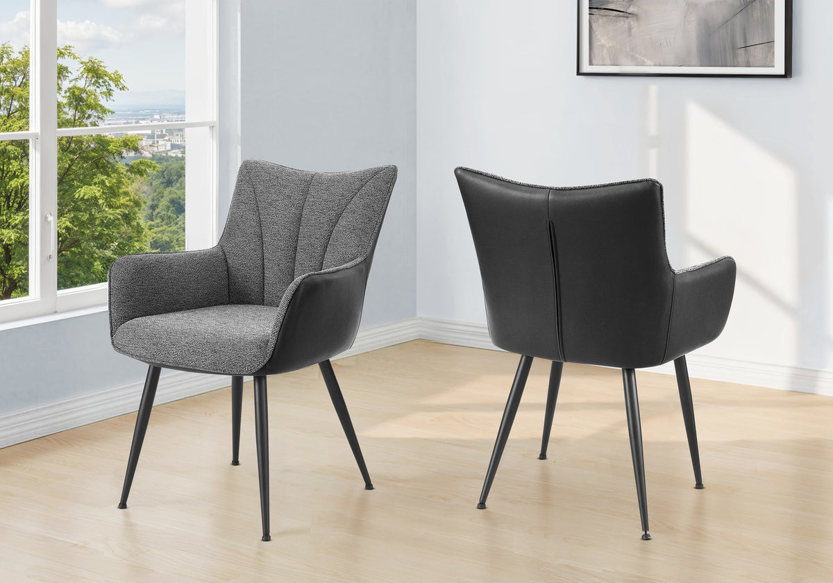 Dining Chair, 35" Height, Set Of 2, Upholstered, Side, Dining Room, Kitchen, Dark Grey Fabric, Black Leather Look, Contemporary, Modern