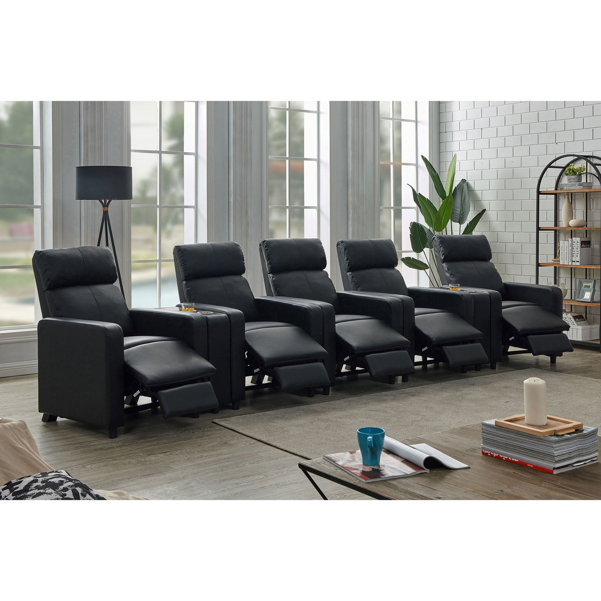 Warren Black Upholstered 5-seater Home Theater with 2 Wedge Consoles