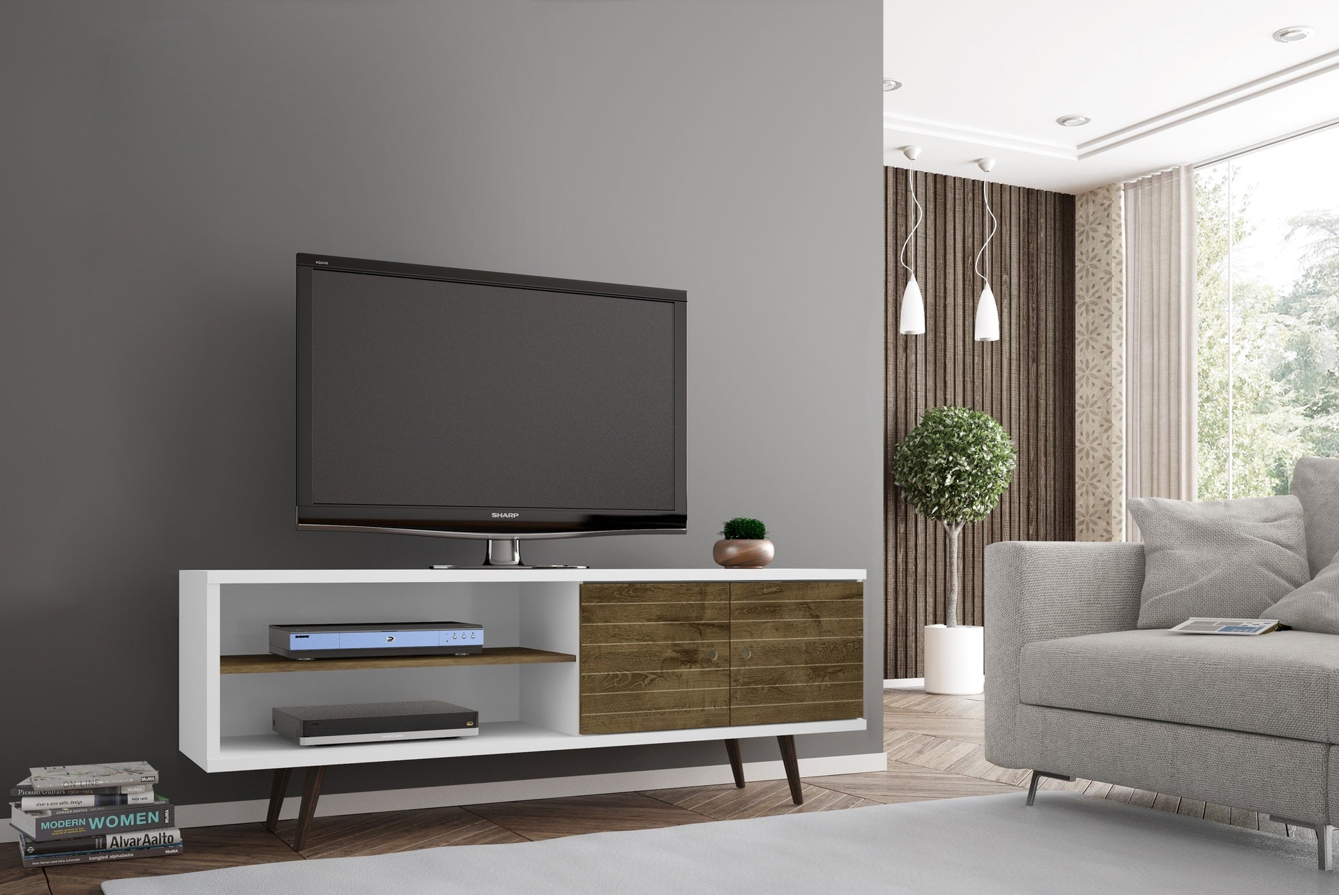 TV Stand in White and Rustic Brown