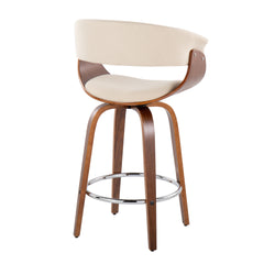 Vintage Mod 26" Mid-Century Modern Fixed-Height Counter Stool with Swivel in Walnut Wood and Cream Fabric with Round Chrome Metal Footrest by LumiSource - Set of 2