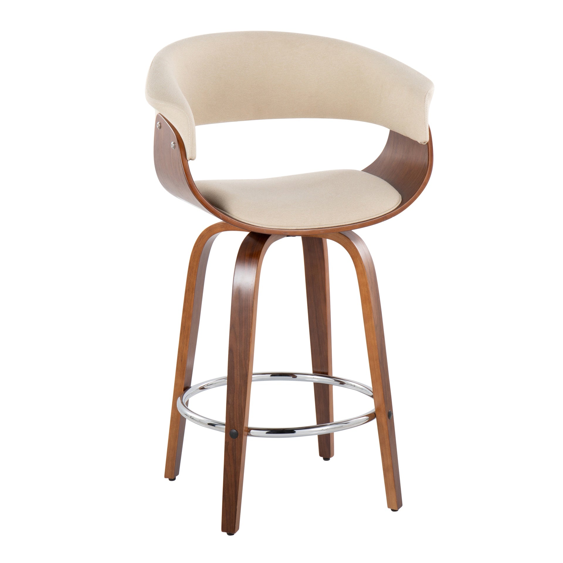 Vintage Mod 26" Mid-Century Modern Fixed-Height Counter Stool with Swivel in Walnut Wood and Cream Fabric with Round Chrome Metal Footrest by LumiSource - Set of 2