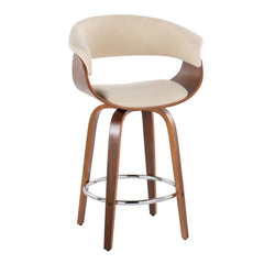 Vintage Mod 26" Mid-Century Modern Fixed-Height Counter Stool with Swivel in Walnut Wood and Cream Fabric with Round Chrome Metal Footrest by LumiSource - Set of 2