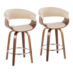 Vintage Mod 26" Mid-Century Modern Fixed-Height Counter Stool with Swivel in Walnut Wood and Cream Fabric with Round Chrome Metal Footrest by LumiSource - Set of 2