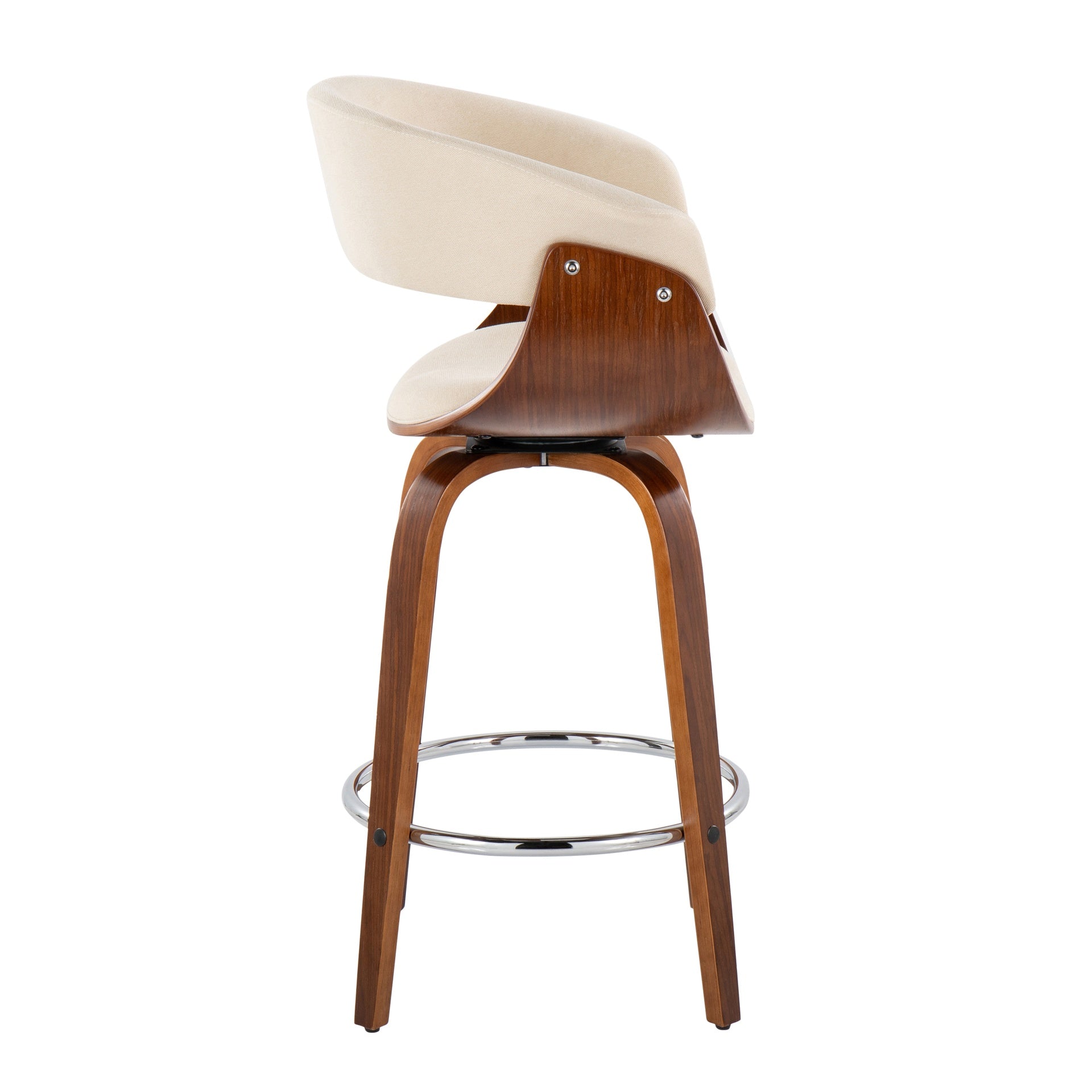 Vintage Mod 26" Mid-Century Modern Fixed-Height Counter Stool with Swivel in Walnut Wood and Cream Fabric with Round Chrome Metal Footrest by LumiSource - Set of 2