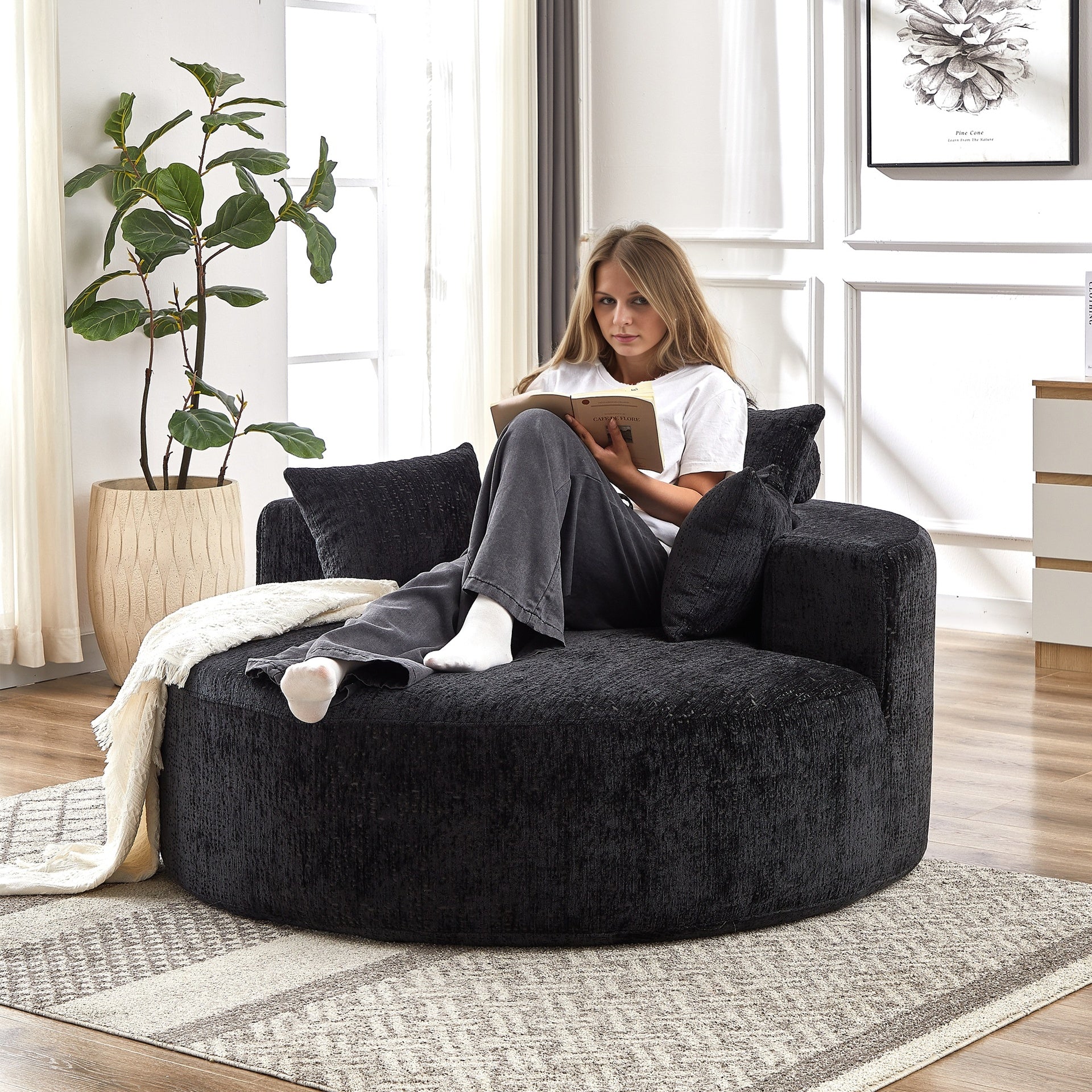 55'L Chenille Sponge single sofa,No Assembly Required,Fluffy Modern Sleeper Chair for Living room, Bedroom, Lounge and Projection Room(Not a swivel chair.)