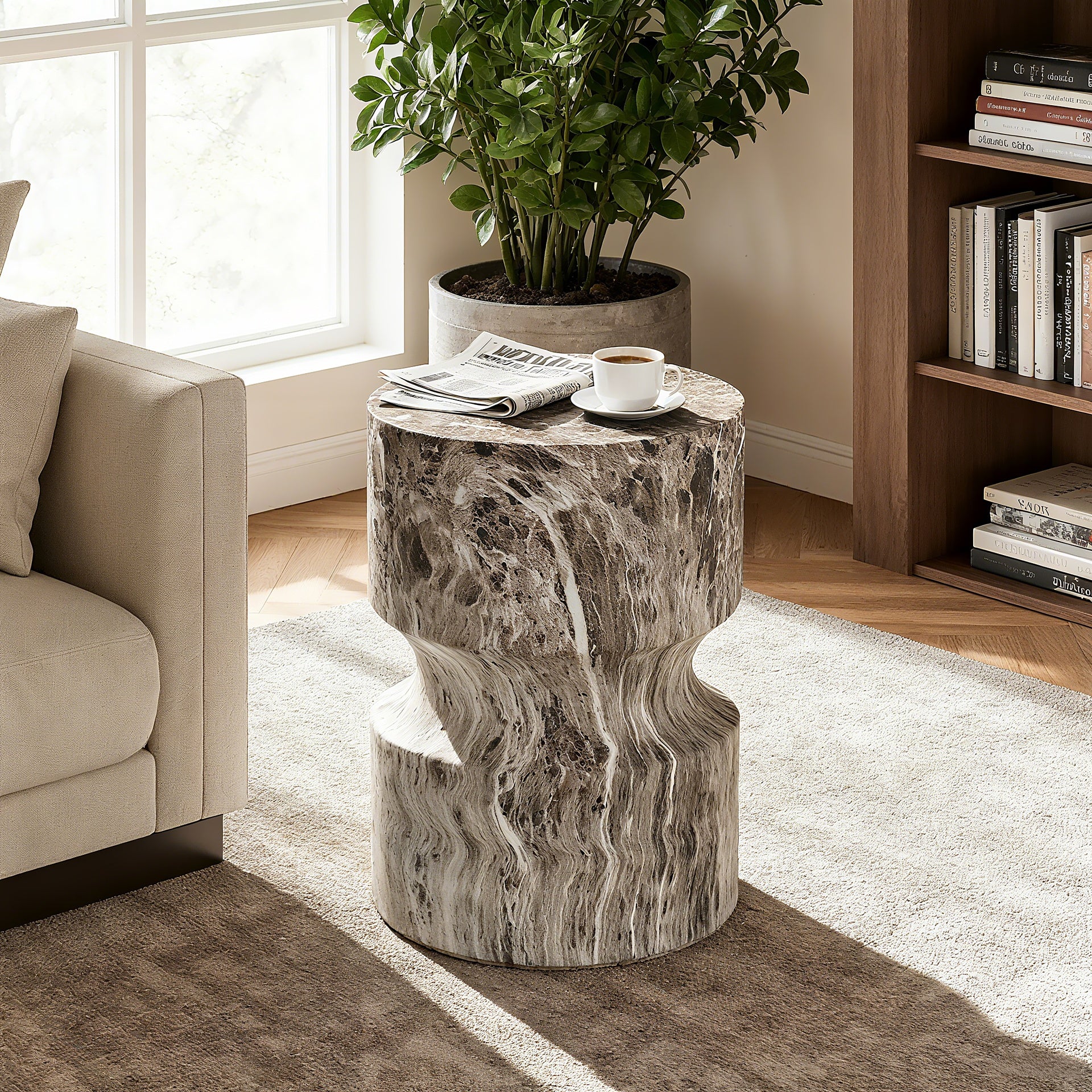 Cement Outdoor End Tables for Patio, GardenAccent Table Faux Terrazzo Accent Table, Modern Small Round Side Tablefor Outside, Tree Stump Garden Stool DrumTable indoor and Outdoor