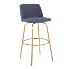 Toriano 30" Contemporary Fixed-Height Barstool with Swivel in Blue Fabric and Gold Metal with Round Footrest by LumiSource - Set of 2