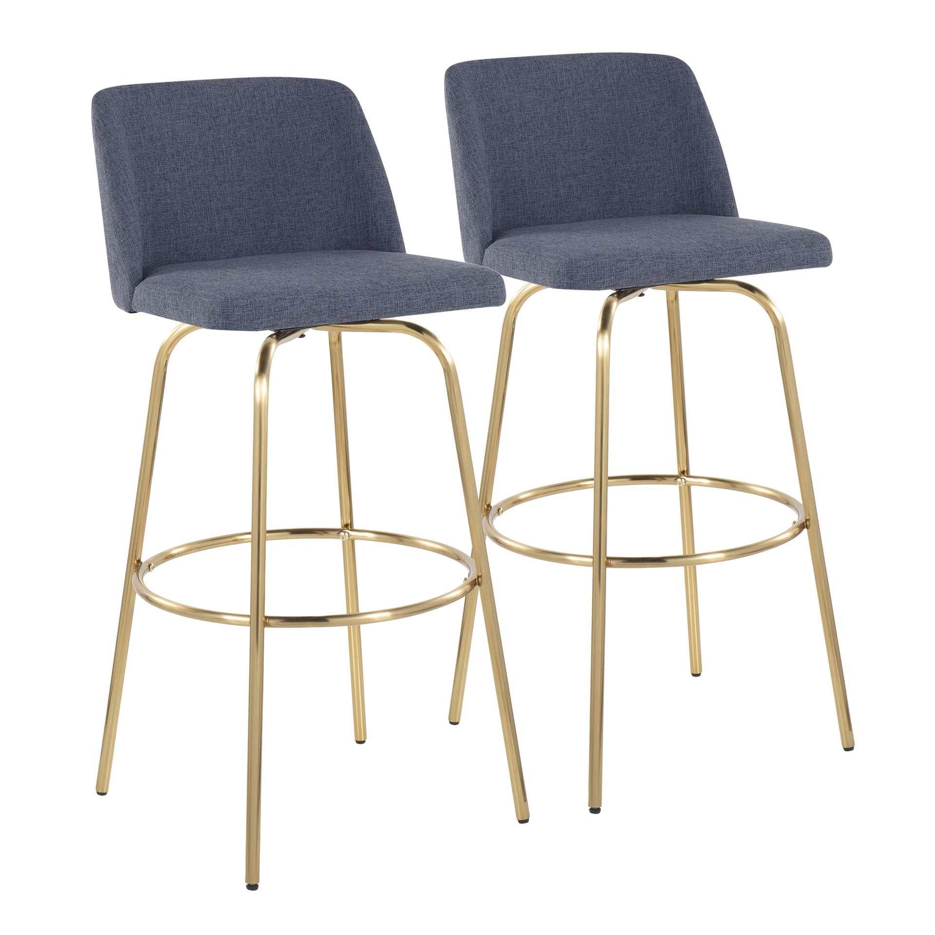 Toriano 30" Contemporary Fixed-Height Barstool with Swivel in Blue Fabric and Gold Metal with Round Footrest by LumiSource - Set of 2