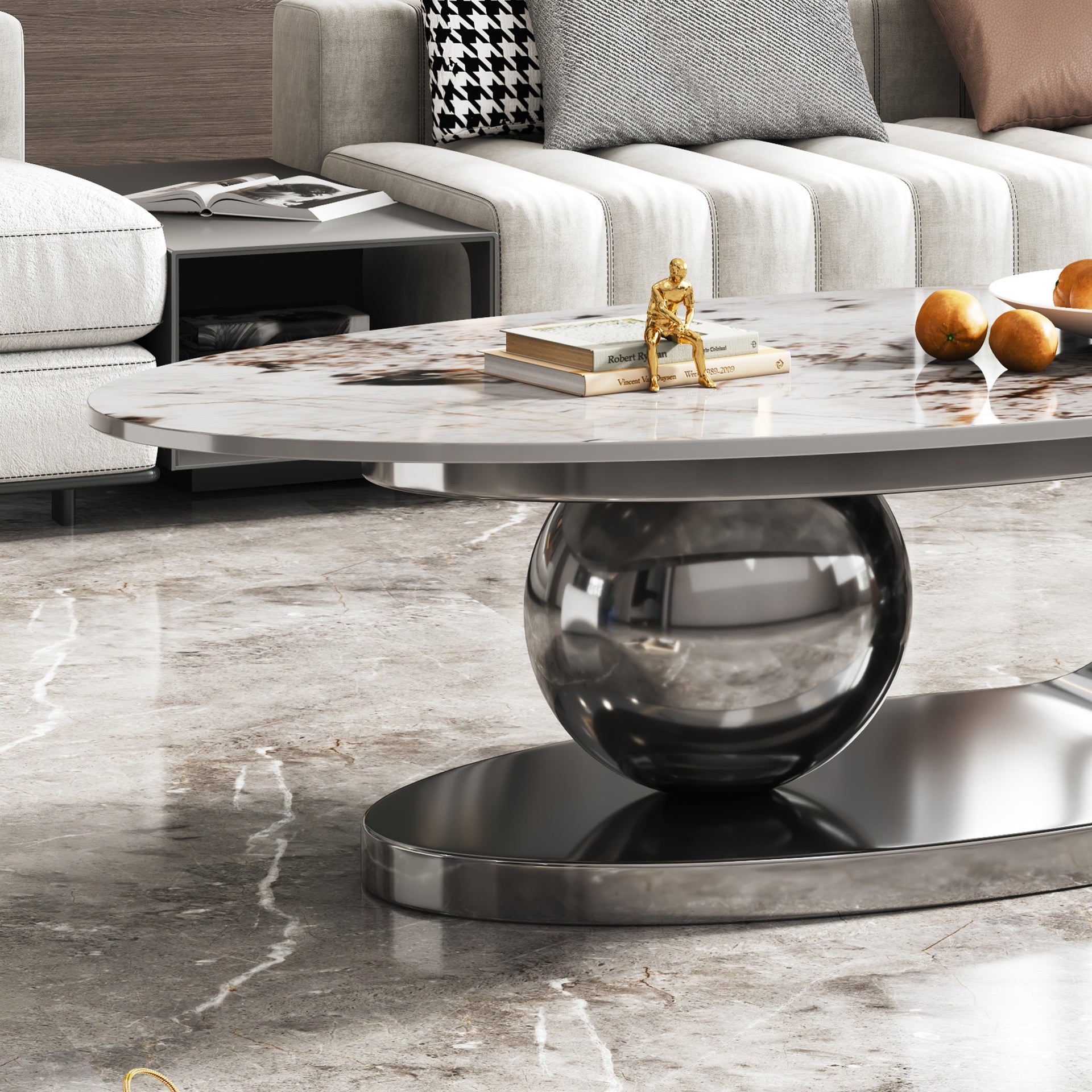 49.2 Inches Oval Faux Marble Coffee Table for Living Room with Stainless Steel Base