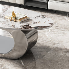 49.2 Inches Oval Faux Marble Coffee Table for Living Room with Stainless Steel Base