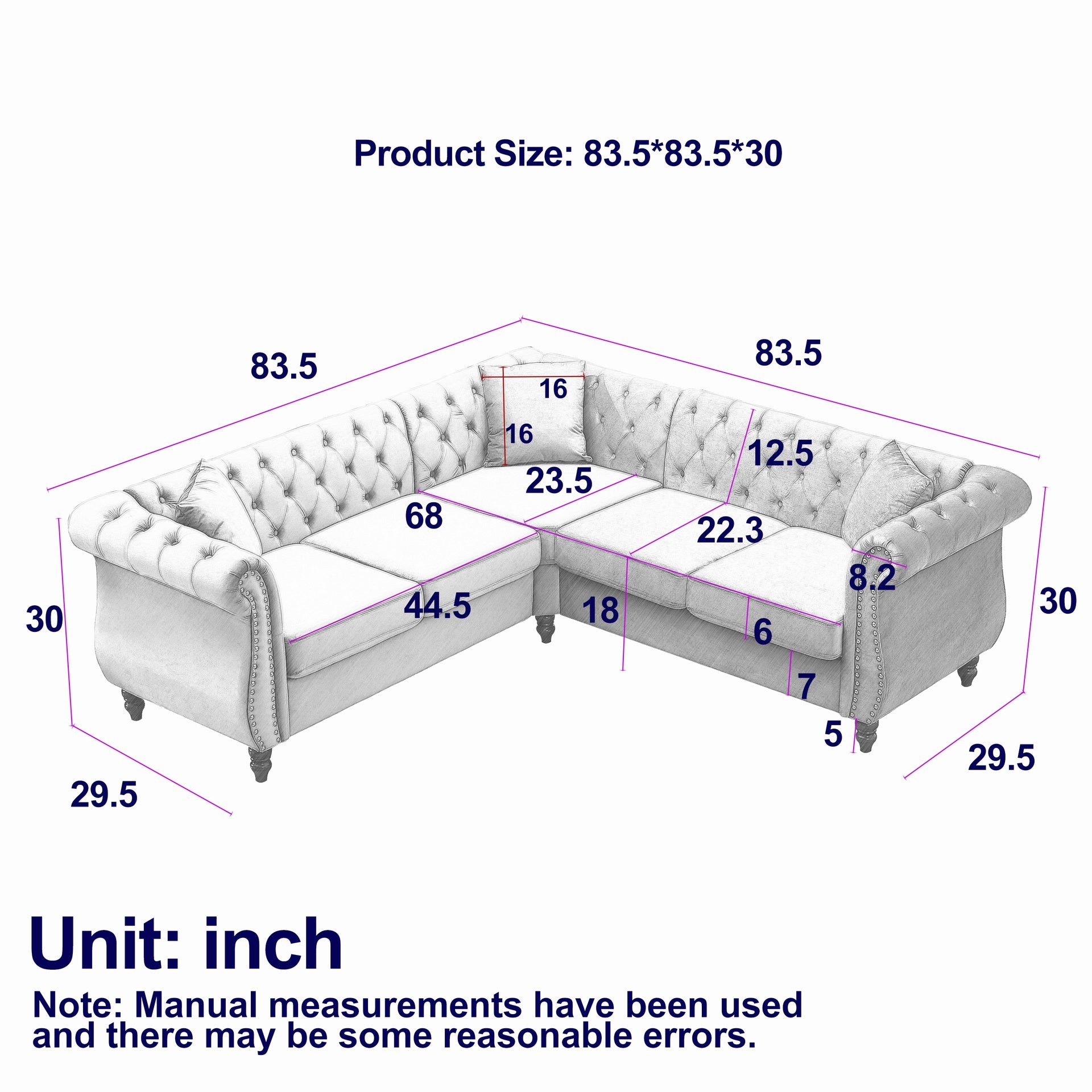 83.5-Inch Oversized Corner Sofa, L-Shaped Sectional Couch,   5-Seater Corner Sofas with 3 Pillows for Living Room, Bedroom, Apartment, Office