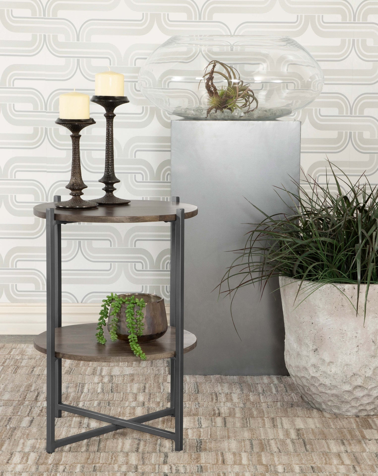 Natural and Gunmetal Accent Table with Bottom Shelf