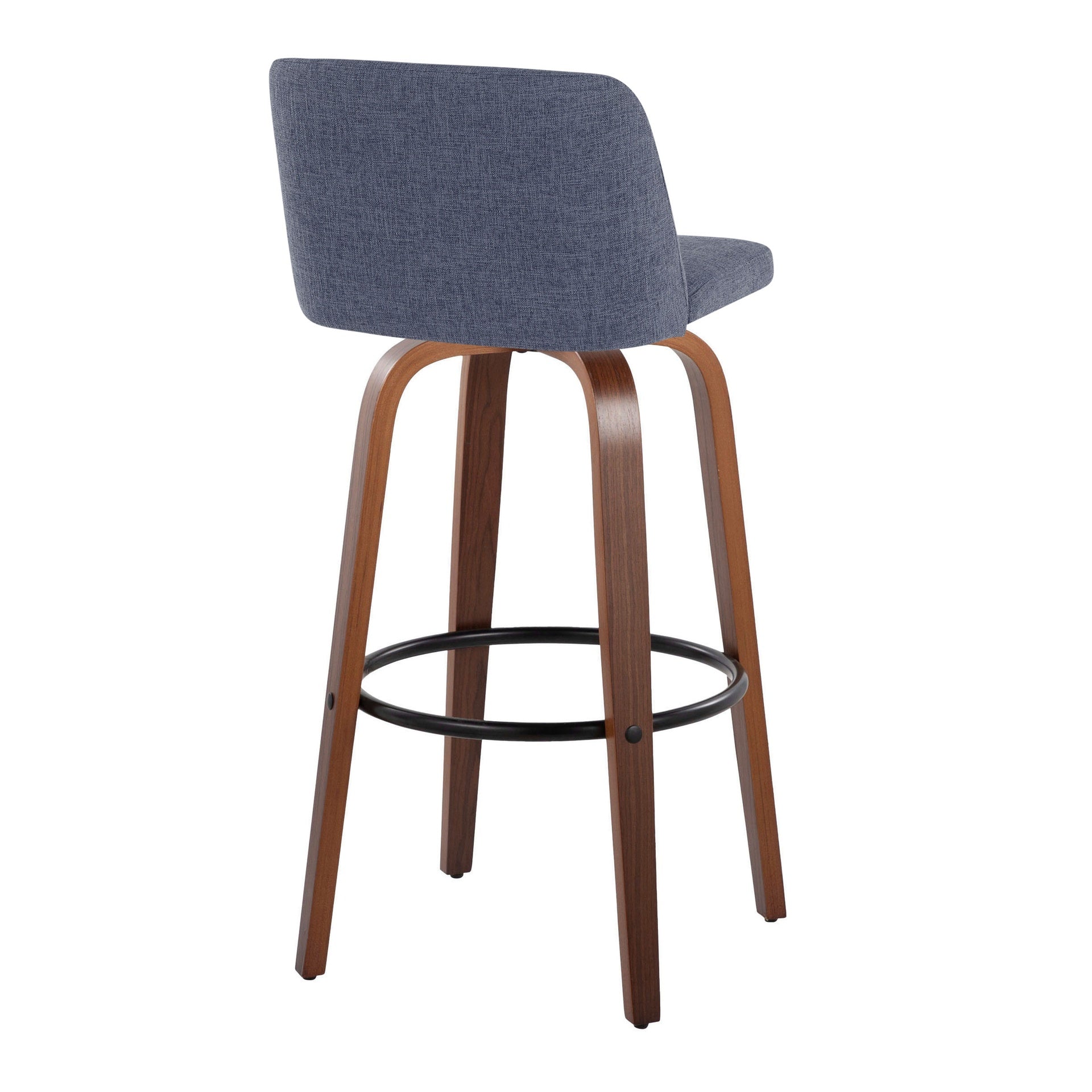 Toriano 30" Mid-Century Modern Fixed-Height Barstool with Swivel in Walnut Wood and Blue Fabric with Round Black Metal Footrest by LumiSource - Set of 2