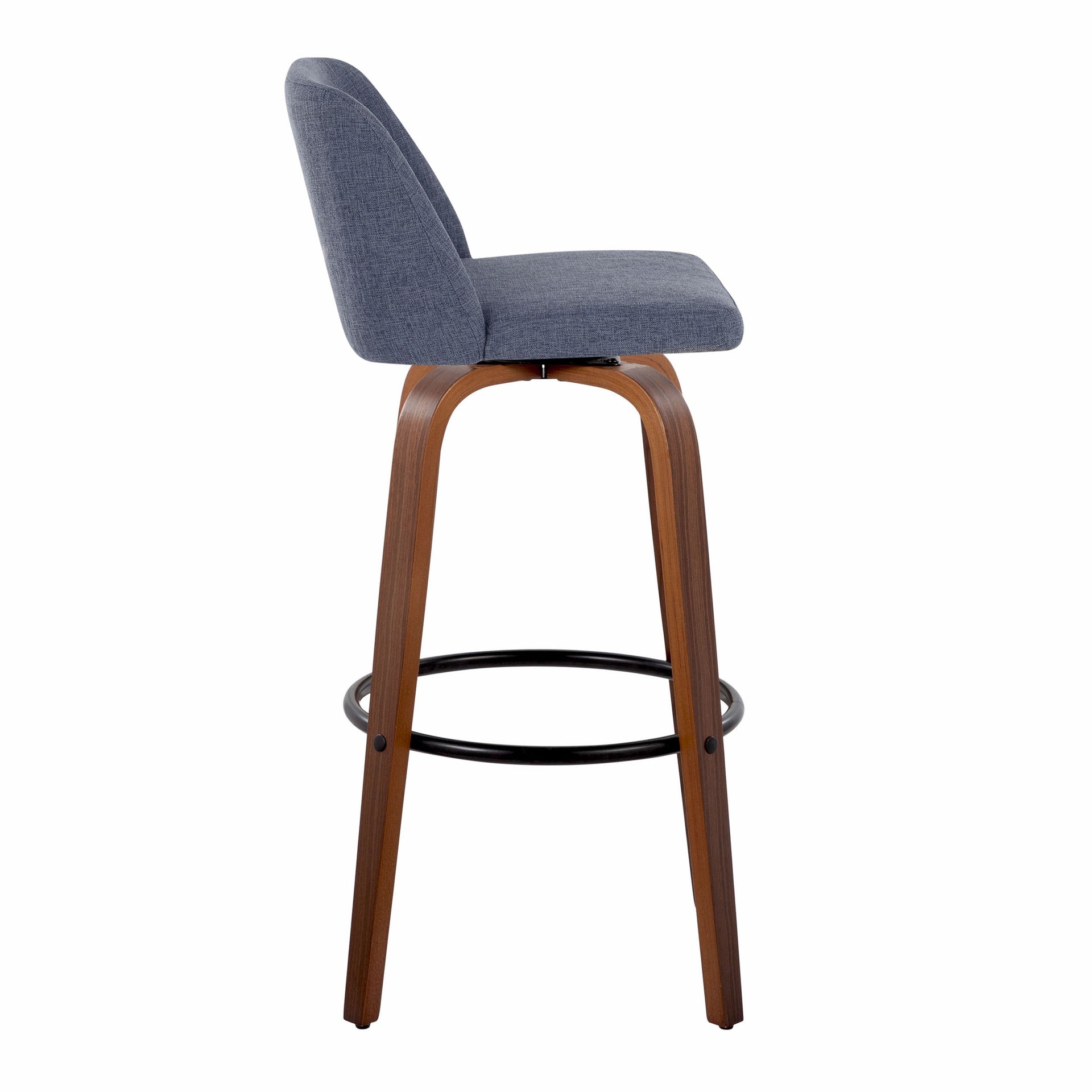 Toriano 30" Mid-Century Modern Fixed-Height Barstool with Swivel in Walnut Wood and Blue Fabric with Round Black Metal Footrest by LumiSource - Set of 2